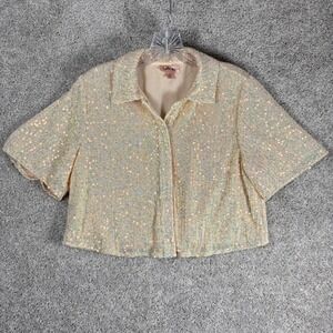 Willow Root Sequin Collared Button Up Shirt Blouse Top Women's Size M Iridescent